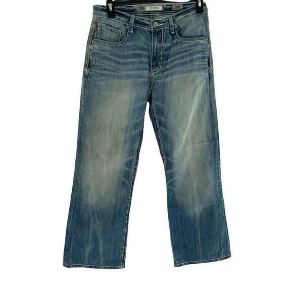 BKE Tyler Jeans Men's Size 32R Straight Leg Medium Wash Whiskers Stitched Denim - Picture 1 of 12